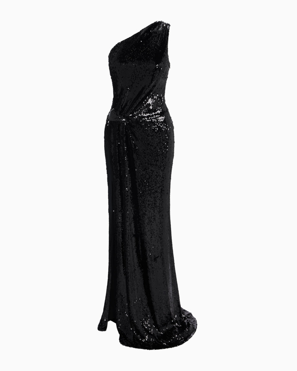 Black Sequin One-Shoulder Evening Gown