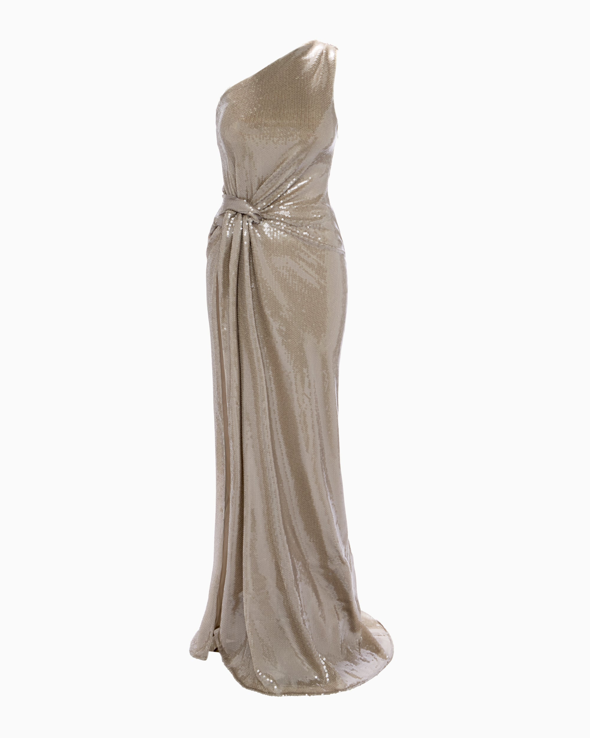 Champagne Sequin One-Shoulder Evening Gown