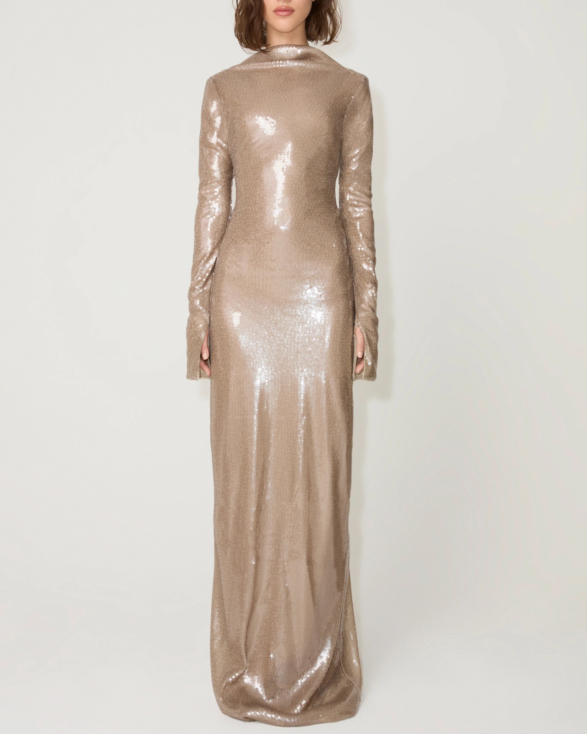 Champagne Sequin Low Back Evening Gown