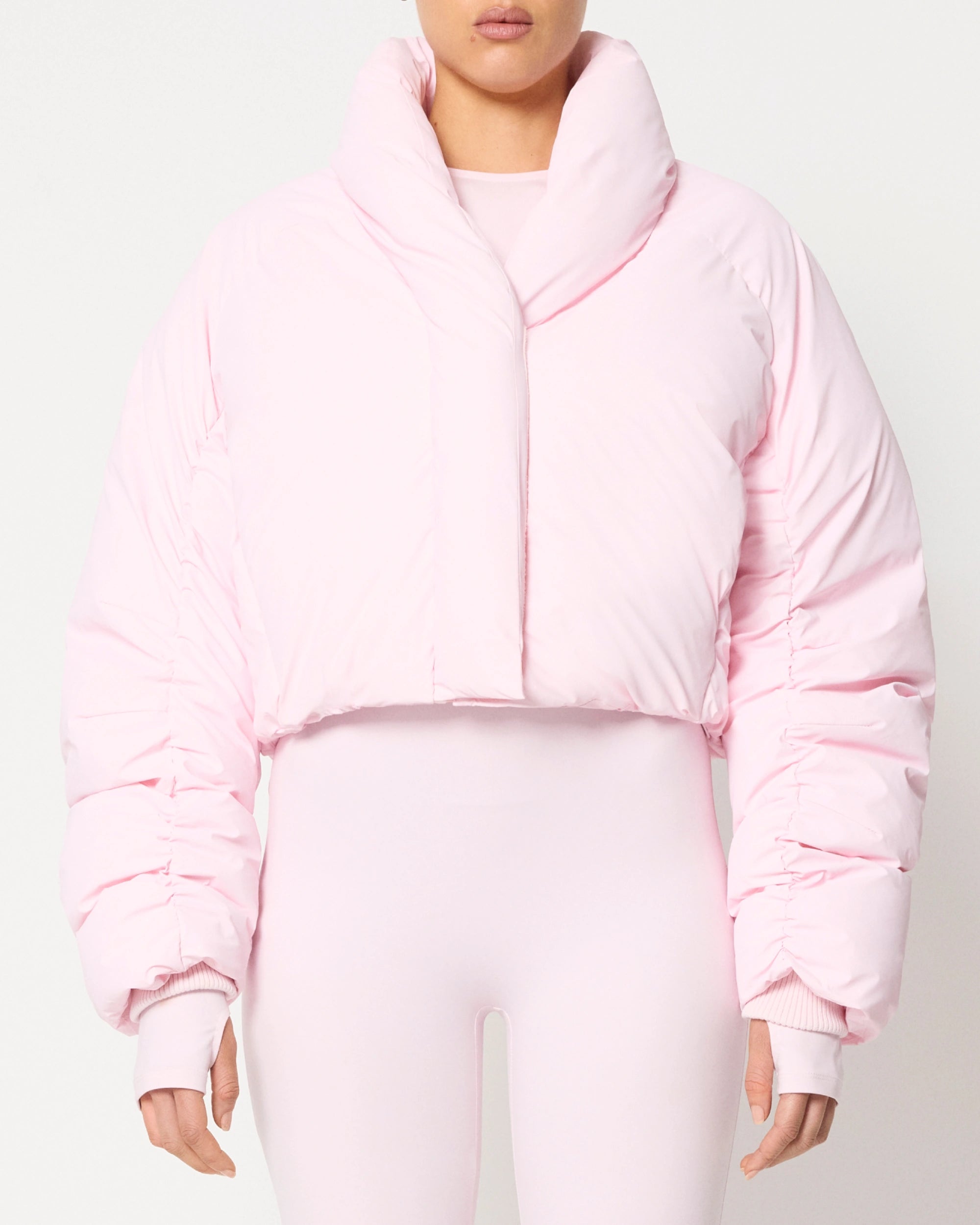 Powder Pink Cropped Puffer Jacket for Women