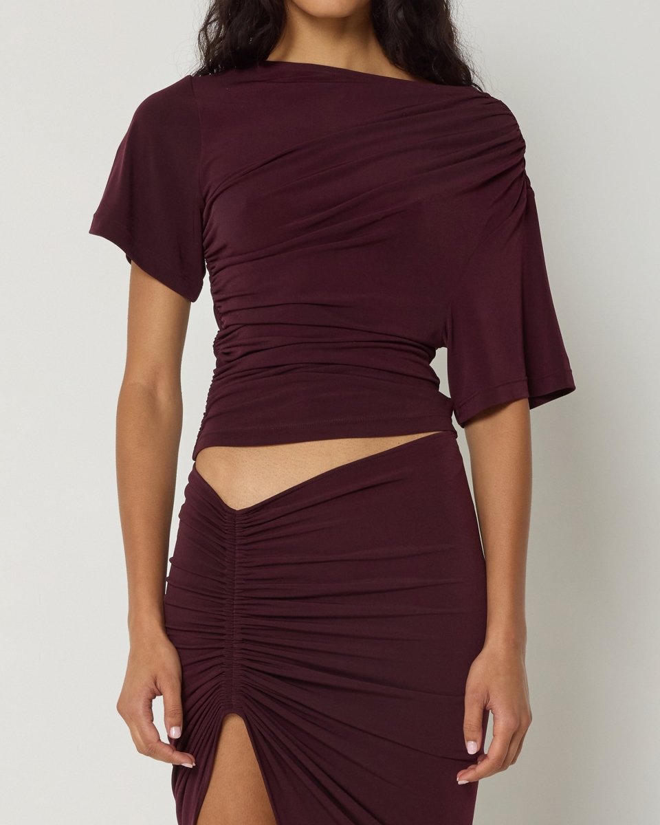 Black Cherry Ruched Asymmetrical Top