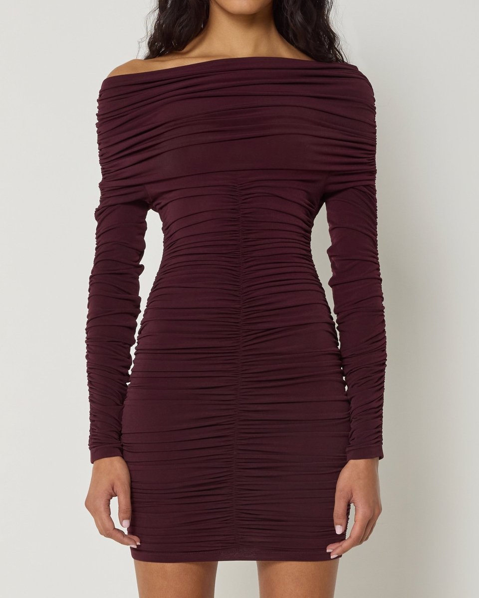 Black Cherry Ruched Mini Dress with Long Sleeves