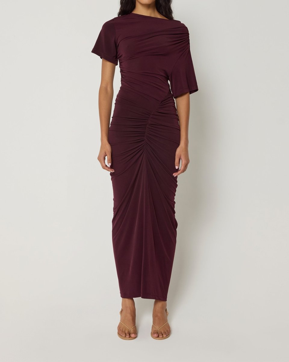Black Cherry Ruched Asymmetrical Dress