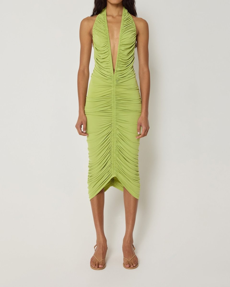 Dark Citron Ruched Midi Dress for Evening Wear