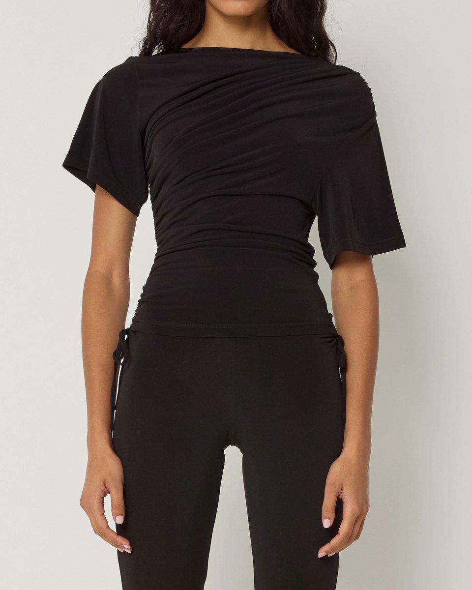 Black Ruched Asymmetrical Top for Women
