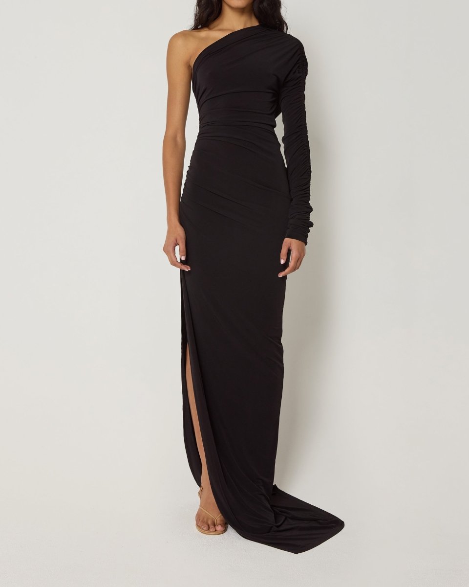 Black One-Shoulder Ruched Evening Gown