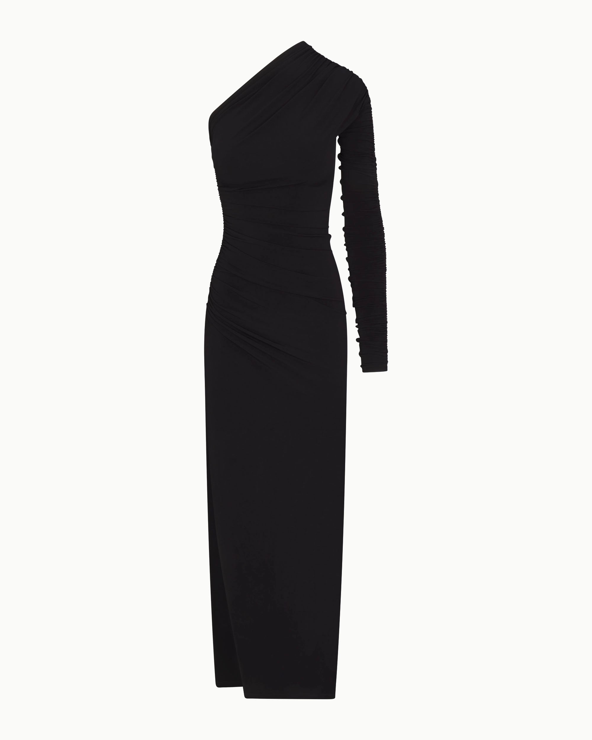 Black One-Shoulder Ruched Evening Gown