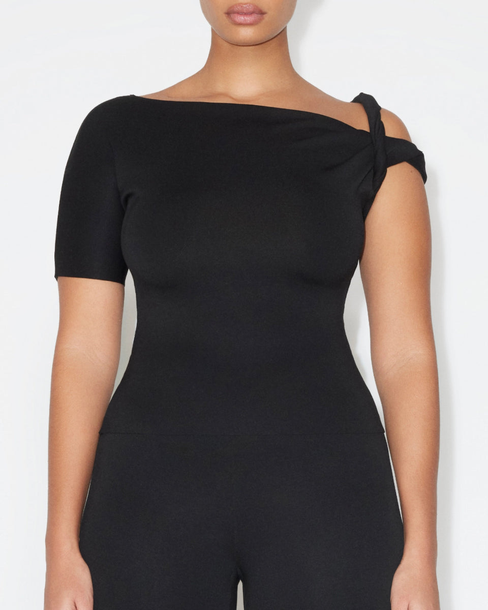 Black Stretch Suede Twist Neck Top
