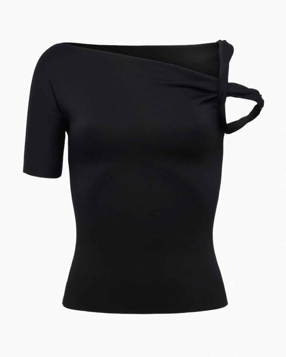 Black Stretch Suede Twist Neck Top