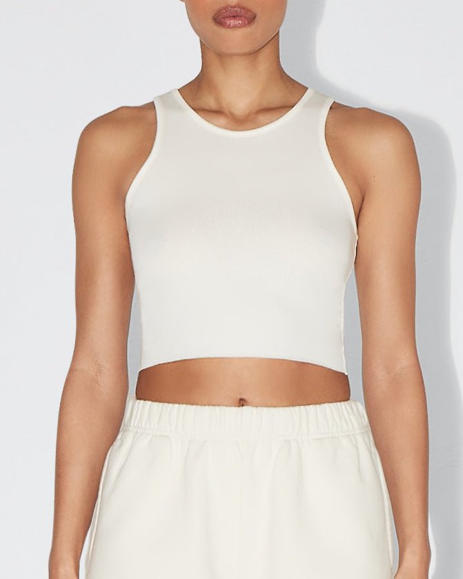 Ecru Cropped Ribbed Tank Top - Raw Hem