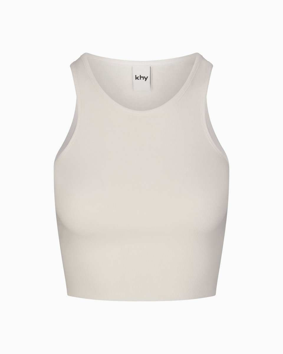 Ecru Cropped Ribbed Tank Top - Raw Hem