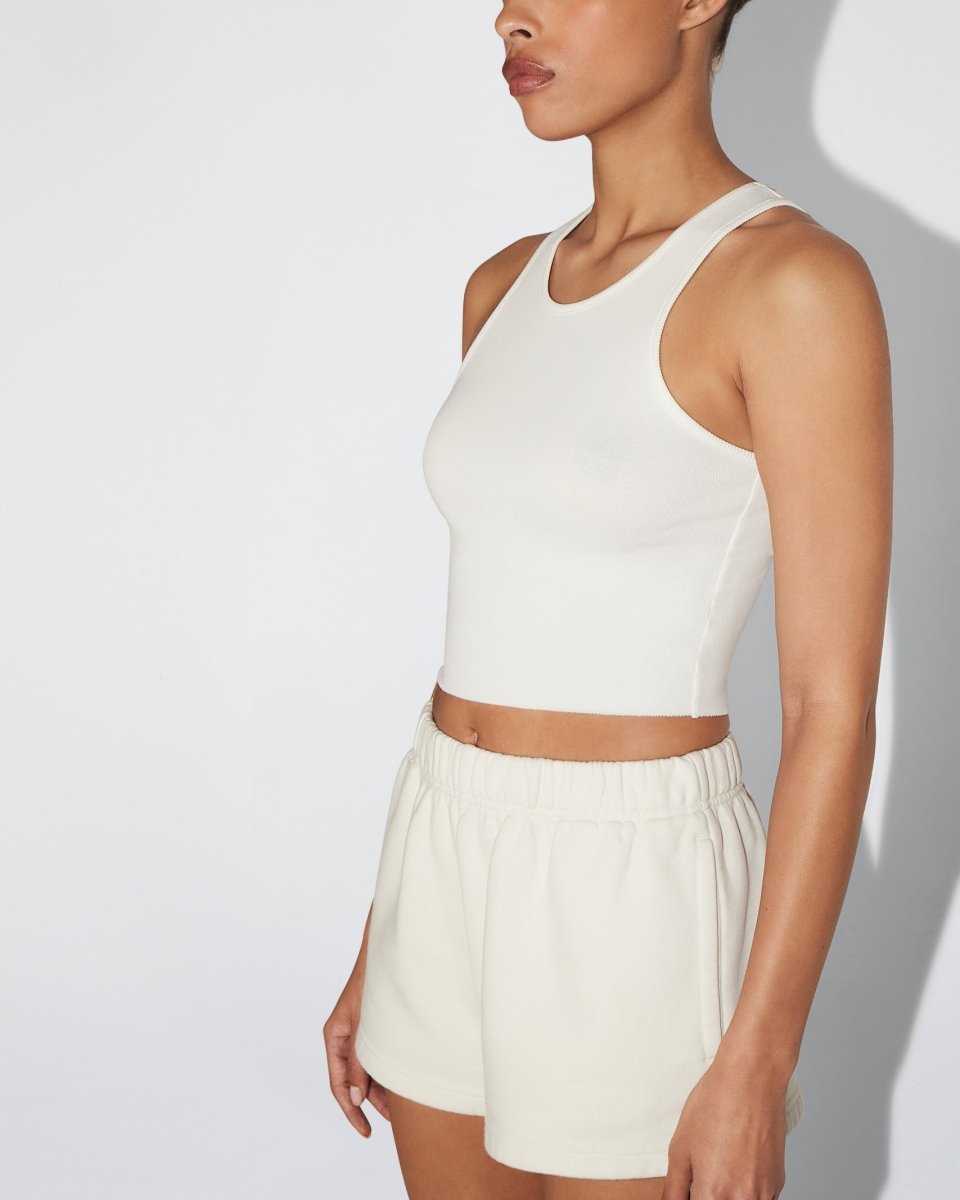 Ecru Cropped Ribbed Tank Top - Raw Hem