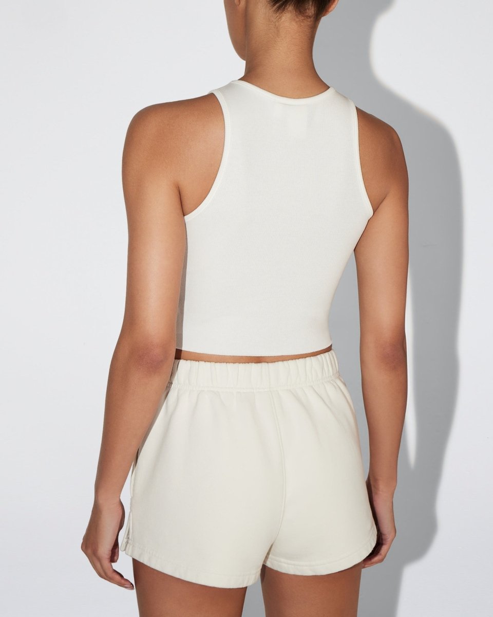 Ecru Cropped Ribbed Tank Top - Raw Hem
