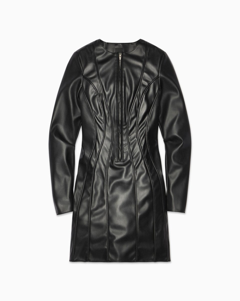 Black Faux Leather Mini Dress with Long Sleeves