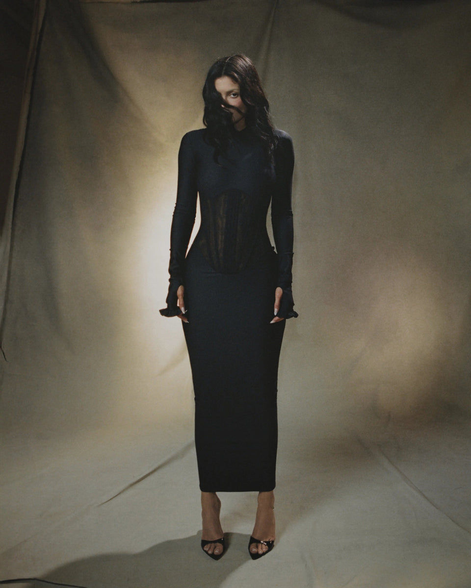 Black Long Sleeve Corset Dress for Evening Wear
