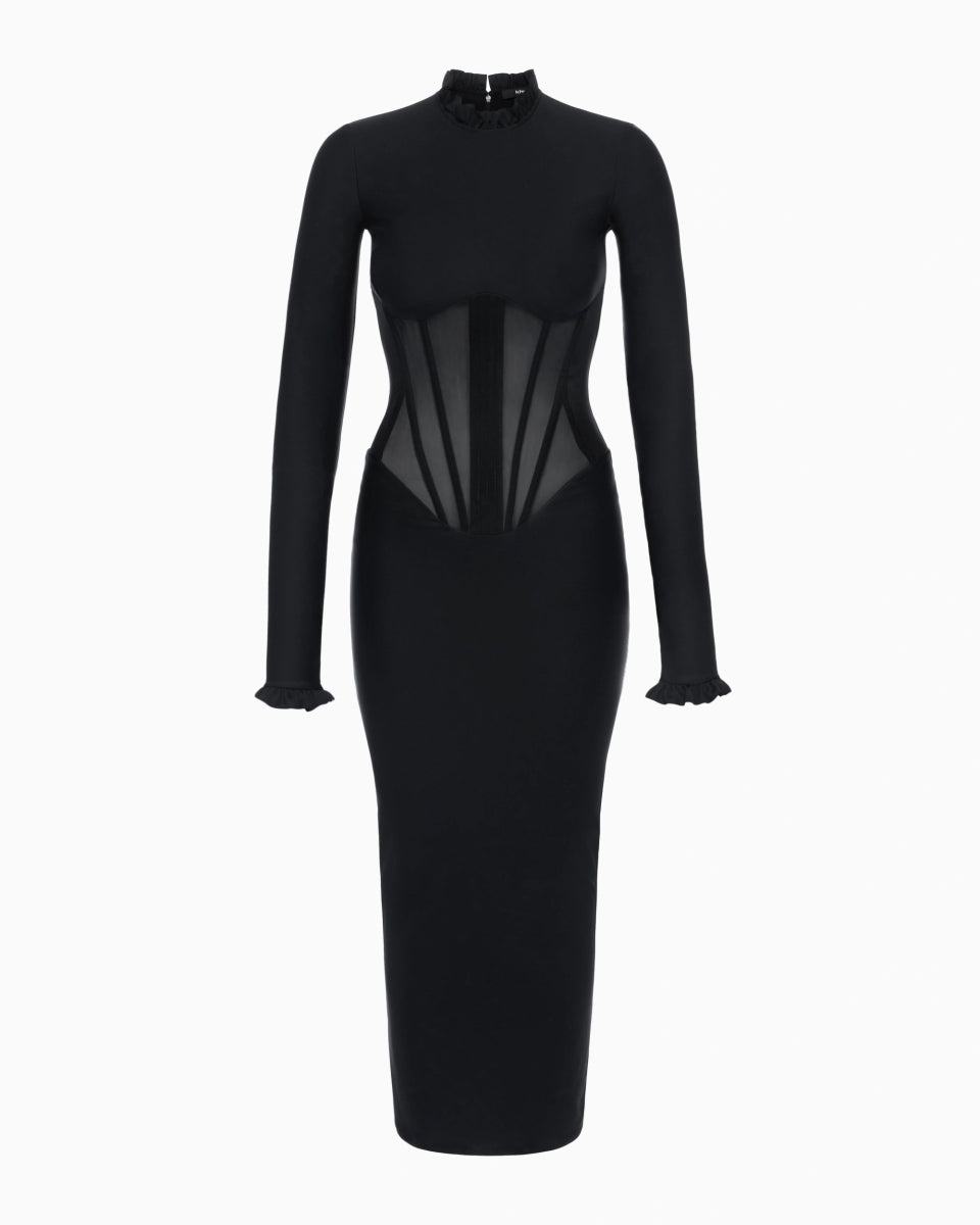 Black Long Sleeve Corset Dress for Evening Wear
