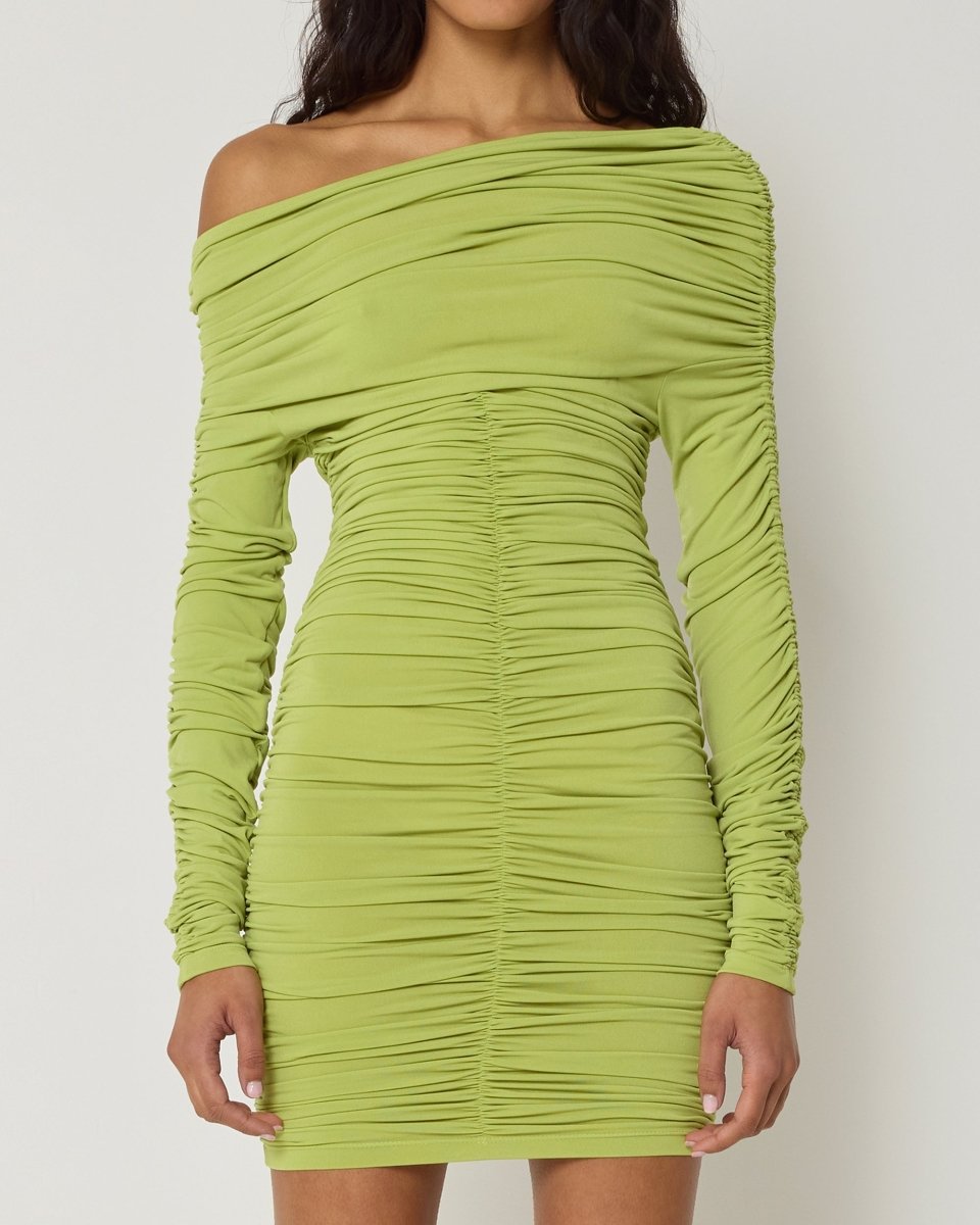 Dark Citron Ruched Mini Dress with Long Sleeves