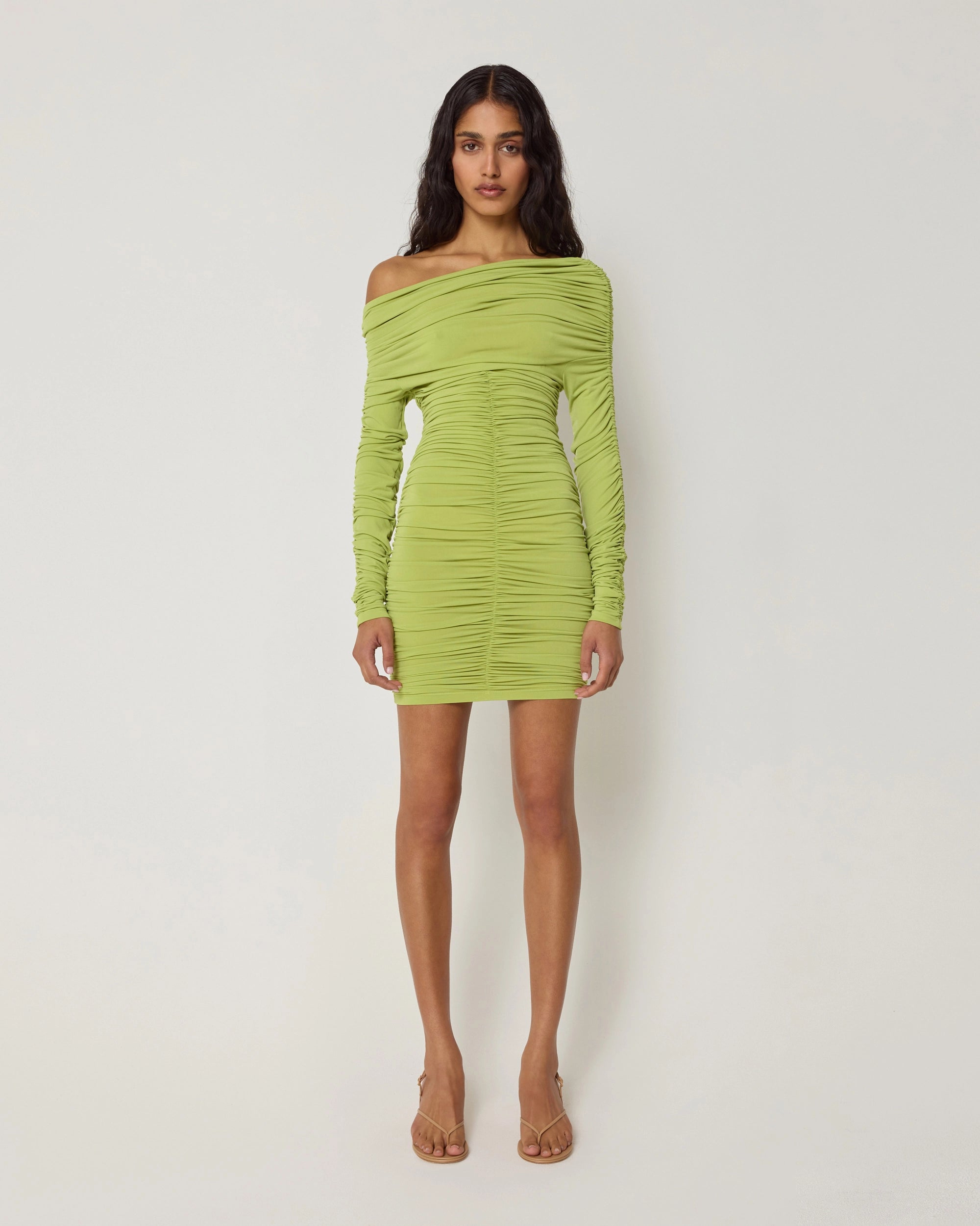 Dark Citron Ruched Mini Dress with Long Sleeves