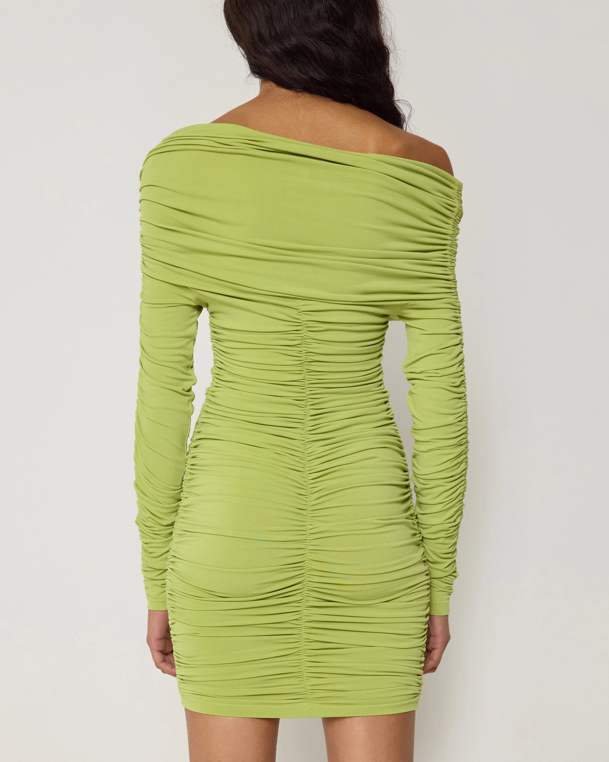 Dark Citron Ruched Mini Dress with Long Sleeves