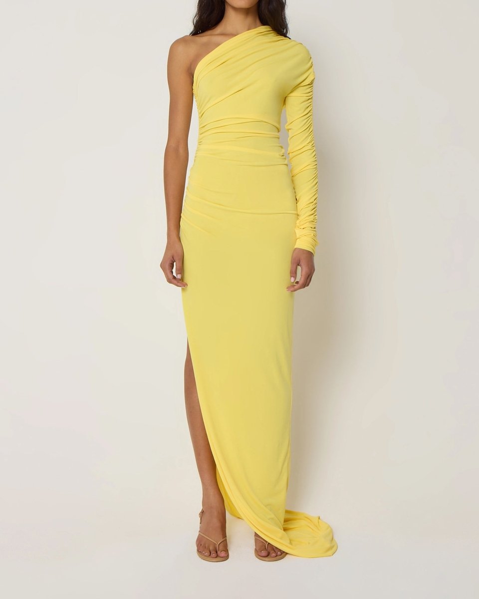 Golden One-Shoulder Ruched Evening Gown