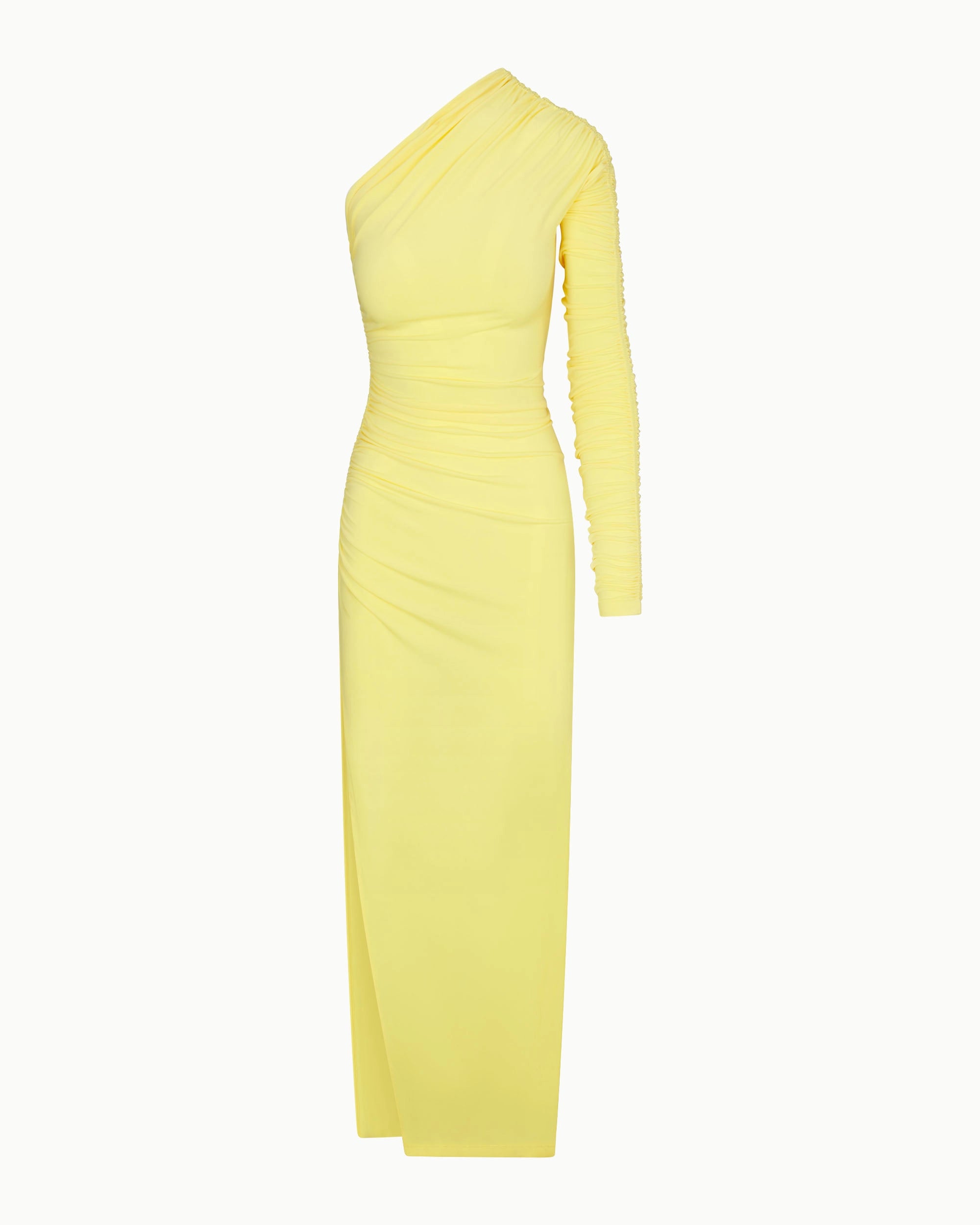 Golden One-Shoulder Ruched Evening Gown